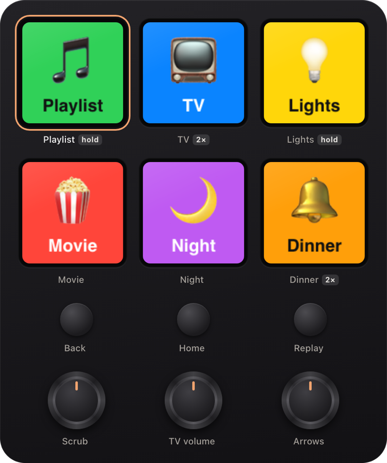 the pad thai editor's picture of the pad: six colour keys (Playlist, TV, Lights, Movie, Night, Dinner) with hold and double-tap badges, three buttons and three knobs